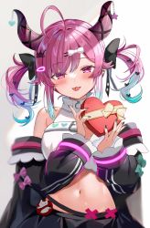Rule 34 | 1girl, :3, ahoge, bare shoulders, black jacket, black nails, black skirt, bow, box, breasts, crop top, demon horns, gradient hair, hair bow, hair ornament, hairclip, heart-shaped box, high collar, highres, holding, horns, indie virtual youtuber, jacket, large breasts, long hair, long sleeves, looking at viewer, midriff, multicolored hair, nail polish, navel, off shoulder, open clothes, open jacket, piercing, pink eyes, pink hair, puffy sleeves, satou pote (vtuber), satoupote, shirt, skirt, sleeveless, sleeveless shirt, smile, solo, stomach, tongue, tongue out, tongue piercing, twintails, upper body, valentine, virtual youtuber, white shirt