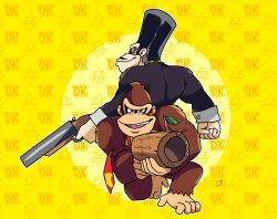 Rule 34 | 2boys, absurdres, bluster kong, clenched hand, donkey kong, donkey kong (series), donkey kong country (cartoon), facial hair, furry, furry male, gorilla, gun, highres, holding, holding gun, holding weapon, looking at viewer, male focus, multiple boys, mustache, necktie, nintendo, on one knee, r3dfive, red necktie, sunglasses, teeth, weapon, yellow background