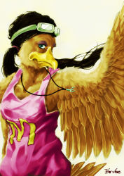 Rule 34 | 1girl, beak, bird wings, birdie the early bird, blue eyes, character name, eyeliner, goggles, goggles on head, jewelry, looking at viewer, makeup, mcdonald&#039;s, necklace, nurikabe (mictlan-tecuhtli), ponytail, simple background, solo, upper body, wings, yellow background