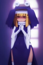 Rule 34 | 1girl, adapted costume, blonde hair, brown headwear, closed mouth, covered navel, cowboy shot, dress, gloves, hat, looking at viewer, medium hair, moriya suwako, purple dress, shaded face, shirosato, shirt, solo, thighhighs, touhou, white gloves, white shirt, white thighhighs, wide sleeves