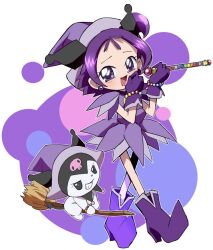 Rule 34 | 1girl, :d, black eyes, blush, boots, borrowed clothes, broom, broom riding, commentary request, crossover, dress, earrings, edamame (buruburu), full body, gloves, grin, hands up, hat, holding, holding wand, jewelry, kuromi, looking at another, looking at viewer, magical girl, ojamajo doremi, one side up, onegai my melody, open mouth, pointy footwear, purple dress, purple eyes, purple footwear, purple gloves, purple hair, purple headwear, sanrio, segawa onpu, short hair, smile, standing, wand, witch hat