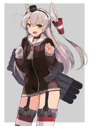 Rule 34 | 1girl, :o, absurdres, amatsukaze (kancolle), black choker, black hat, blush, border, brown neckerchief, brown shirt, choker, cowboy shot, fang, flying sweatdrops, garter straps, gloves, grey background, grey gloves, hair tubes, hands up, hat, highres, kantai collection, long hair, long sleeves, looking at viewer, mcan, mini hat, neckerchief, no pants, open mouth, outside border, sailor collar, see-through, shirt, silver hair, simple background, single glove, solo, standing, straight hair, striped clothes, striped thighhighs, thighhighs, torpedo tubes, two side up, very long hair, white border, white sailor collar