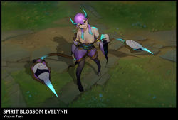 Rule 34 | 1girl, absurdres, alternate costume, animal print, artist name, bare shoulders, black thighhighs, braid, breasts, butterfly print, cleavage, collarbone, commentary, contrapposto, detached sleeves, dress, earrings, english commentary, evelynn (league of legends), from above, glowing, glowing eyes, hair between eyes, hand up, highres, horns, jewelry, large breasts, league of legends, long hair, off-shoulder dress, off shoulder, outdoors, pointy ears, purple dress, shiny skin, sidelocks, single thighhigh, smile, solo, spirit blossom (league of legends), standing, thighhighs, twin braids, very long hair, vincent t (oriaarts)