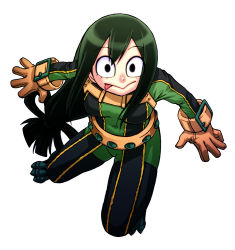Rule 34 | 10s, 1girl, :&gt;, :p, asui tsuyu, belt, black eyes, bodysuit, boku no hero academia, brown gloves, chiba toshirou, covered navel, full body, gloves, green bodysuit, green hair, hair rings, licking lips, long hair, looking at viewer, low-tied long hair, simple background, solo, split-toe footwear, strap, tongue, tongue out, white background, wide-eyed