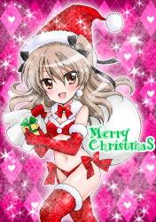 Rule 34 | 1girl, argyle, argyle background, argyle clothes, bikini, black ribbon, boots, bow, bow bikini, bowtie, brown eyes, christmas, commentary request, elbow gloves, flat chest, fur collar, gift, girls und panzer, gloves, hair ribbon, hat, heart, heart background, holding, holding gift, holding sack, kuromori yako, light brown hair, long hair, looking at viewer, merry christmas, navel, one side up, open mouth, over shoulder, partial commentary, pink background, red footwear, red gloves, red hat, ribbon, sack, santa bikini, santa boots, santa gloves, santa hat, shimada arisu, smile, solo, sparkle, standing, swimsuit