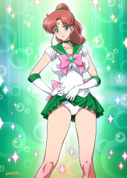 Rule 34 | 10s, 1girl, anime coloring, bishoujo senshi sailor moon, bishoujo senshi sailor moon crystal, blush, bow, breasts, brown hair, choker, cleavage, clothes lift, earrings, elbow gloves, gloves, green background, green eyes, green skirt, hair bobbles, hair ornament, jewelry, joy ride, kino makoto, large breasts, leotard, long hair, magical girl, miniskirt, parted lips, pink bow, ponytail, sailor collar, sailor jupiter, skirt, skirt lift, solo, sparkle, thigh gap, tiara, upskirt, white gloves