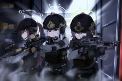 Rule 34 | 3girls, black gloves, black hair, black headwear, black vest, blue archive, blue eyes, blue halo, brown gloves, camouflage, camouflage pants, closed mouth, clov3r, gloves, green halo, grey hair, grey halo, gun, hair between eyes, halo, hat, highres, holding, holding gun, holding weapon, indoors, korean commentary, long hair, miyako (blue archive), miyu (blue archive), multiple girls, open mouth, pants, purple eyes, purple hair, red eyes, saki (blue archive), short hair, vest, weapon