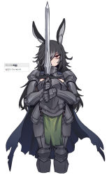 Rule 34 | 1girl, animal ears, armor, black hair, black souls, blue cape, cape, closed mouth, cropped legs, faulds, frown, gauntlets, genderswap, genderswap (mtf), grey hair, hair over one eye, highres, holding, holding sword, holding weapon, korean text, long hair, multicolored hair, nyong nyong, personification, rabbit ears, red eyes, ringed eyes, simple background, solo, sword, torn cape, torn clothes, tsurime, two-tone hair, vernai (black souls), weapon, white background
