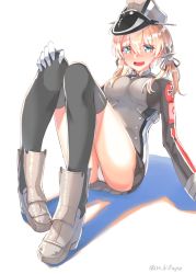 Rule 34 | 1girl, anchor, anchor hair ornament, aqua eyes, armored boots, black ribbon, black skirt, black thighhighs, blonde hair, blush, boots, full body, gloves, hair between eyes, hair ornament, hat, highres, hiiragi kifuyu, kantai collection, long hair, looking at viewer, microskirt, military, military hat, military uniform, open mouth, panties, peaked cap, prinz eugen (kancolle), ribbon, simple background, skirt, solo, thighhighs, twintails, underwear, uniform, white background, white gloves, white panties