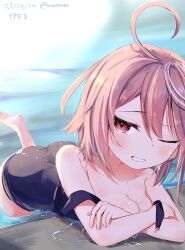 Rule 34 | 1girl, absurdres, ahoge, ass, blush, breasts, character name, cleavage, dated, hair ornament, highres, i-58 (kancolle), kantai collection, looking at viewer, mok4suke, one-piece swimsuit, one eye closed, pink eyes, pink hair, pool, sailor collar, school swimsuit, short hair, small breasts, smile, solo, swimsuit, torn clothes, torn swimsuit, twitter username, water