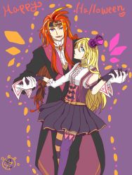 Rule 34 | 1boy, 1girl, blonde hair, blue eyes, breasts, coat, colette brunel, ascot, frills, gloves, halloween, hat, headband, jewelry, long hair, open mouth, pants, purple background, purple eyes, red hair, ribbon, skirt, suit, tales of (series), tales of symphonia, thighhighs, zelos wilder