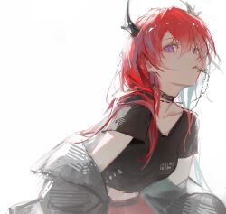 Rule 34 | 1girl, absurdres, arknights, arms behind back, black shirt, breasts, collar, commentary, cross, cross necklace, demon horns, grey jacket, highres, horns, jacket, jewelry, long hair, looking at viewer, necklace, off shoulder, pleated skirt, purple eyes, red hair, red skirt, shijiubashuazi, shirt, simple background, skirt, small breasts, solo, surtr (arknights), surtr (liberte echec) (arknights), t-shirt, upper body, v-neck, white background