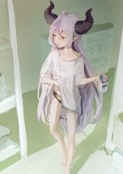 Rule 34 | 1girl, ahoge, bare legs, barefoot, black panties, braid, braided bangs, clothes lift, collarbone, commentary request, demon horns, grey hair, hair between eyes, highres, holding, hololive, horns, indoors, la+ darknesss, legs, lifting own clothes, long hair, looking to the side, milk carton, multicolored hair, open mouth, oversized clothes, oversized shirt, panties, pointy ears, purple hair, scratching stomach, shadow, shirt, shirt lift, short sleeves, sidelocks, sketch, solo, standing, streaked hair, thighs, toes, underwear, very long hair, virtual youtuber, wooden floor, yami ara, yellow eyes