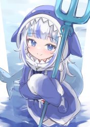 Rule 34 | 1girl, absurdres, animal hood, blue eyes, blue hair, blue hoodie, blunt bangs, commentary, fins, fish tail, gawr gura, gawr gura (1st costume), highres, hololive, hololive english, hood, hood up, hoodie, klaius, long hair, long sleeves, multicolored hair, polearm, shark hood, shark tail, smile, solo, streaked hair, tail, trident, two-tone hair, virtual youtuber, weapon, white hair