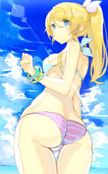 Rule 34 | 10s, 1girl, absurdres, ass, ayase eli, bikini, blonde hair, blue eyes, bracelet, cloud, day, from behind, highres, jewelry, kame^^, long hair, looking back, love live!, love live! school idol festival, love live! school idol project, ponytail, solo, striped bikini, striped clothes, swimsuit, thigh gap, trefoil