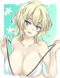 Rule 34 | 1girl, bikini, bikini pull, blonde hair, blue eyes, breasts, cleavage, clothes pull, colorado (kancolle), gakky, green background, kantai collection, large breasts, one-hour drawing challenge, short hair, solo, star (symbol), swimsuit, upper body