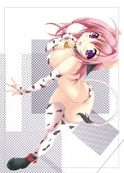 Rule 34 | 1girl, animal print, bell, breasts, cleavage, collar, cow girl, cow print, cow print bikini, cow tail, elbow gloves, gloves, highres, horns, large breasts, neck bell, print bikini, purple eyes, purple hair, solo, tail, thighhighs