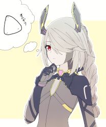 Rule 34 | braid, closed mouth, finger to own chin, flat chest, food, frown, grey hair, hair over one eye, highres, horns, imagining, kamidan, mechanical horns, onigiri, red eyes, segiri (xenoblade), thinking, thought bubble, translated, upper body, xenoblade chronicles (series), xenoblade chronicles 3