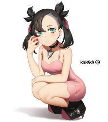 Rule 34 | 1girl, absurdres, ankle boots, aqua eyes, artist name, asymmetrical hair, bad id, bad pixiv id, bare shoulders, black choker, black footwear, black hair, blush, boots, breasts, choker, closed mouth, collarbone, creatures (company), dress, earrings, full body, game freak, hair ribbon, hand on own knee, high heel boots, high heels, highres, holding, holding poke ball, jewelry, kuraka, long hair, looking at viewer, marnie (pokemon), nintendo, no jacket, pink dress, poke ball, poke ball (basic), pokemon, pokemon swsh, red ribbon, ribbon, sleeveless, sleeveless dress, small breasts, smile, solo, squatting, twintails