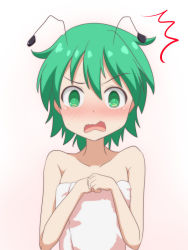 Rule 34 | 1girl, @ @, ^^^, antennae, bare shoulders, blush, cato (monocatienus), commentary, covering privates, covering breasts, embarrassed, green eyes, green hair, hair between eyes, looking at viewer, naked towel, nose blush, open mouth, short hair, simple background, solo, surprised, touhou, towel, upper body, v-shaped eyebrows, wavy mouth, white background, wriggle nightbug