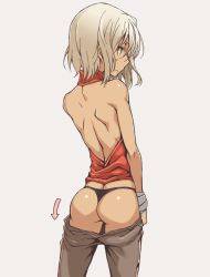 Rule 34 | 1girl, 428, arrow (symbol), ass, backless outfit, bare back, bare shoulders, black panties, brown hair, canaan (character), canaan (series), clothes pull, commentary request, cowboy shot, dark-skinned female, dark skin, from behind, grey background, legs apart, oteruko (wanabeee), panties, pants, pants pull, silver hair, simple background, solo, standing, sweatdrop, underwear