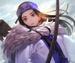 Rule 34 | 1girl, ainu, ainu clothes, asirpa, bow (weapon), cloud, cloudy sky, coat, earrings, fur collar, golden kamuy, headband, highres, holding, holding bow (weapon), holding weapon, jewelry, lips, long hair, long sleeves, looking at viewer, outdoors, parted lips, purple eyes, sky, solo, weapon, white coat, winter clothes, winter coat, zouhyou (at4190)