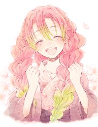 Rule 34 | 1girl, blush, braid, cheering, cherry blossom print, cherry blossoms, clenched hands, commentary request, facing viewer, floral background, floral print, gradient hair, green hair, hair over shoulder, haori, happy, highres, japanese clothes, kanroji mitsuri, kimetsu no yaiba, kimono, koame 1027, long hair, long sleeves, mole, mole under eye, multicolored hair, petals, pink hair, pink kimono, sash, smile, solo, tri braids, two-tone hair, upper body, white background