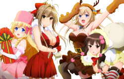 Rule 34 | 10s, 4girls, absurdres, amagi brilliant park, armpits, arms up, bare shoulders, blonde hair, blue eyes, blush, breasts, brown eyes, brown hair, christmas, cleavage, hair ribbon, hat, highres, koborii (amaburi), large breasts, latifa fleuranza, leaning forward, long hair, looking at viewer, multiple girls, navel, open mouth, ponytail, ribbon, sento isuzu, small breasts, smile, standing, sylphy (amaburi), thighhighs, tongue, very long hair, yellow eyes