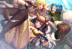 Rule 34 | 3girls, :d, all fours, armor, ass, blonde hair, blue eyes, blue hair, blunt bangs, blush, braid, breasts, brown hair, candy, capcom, character request, commentary request, controller, deviljho (armor), double bun, fingernails, food, game controller, hair bun, highres, holding, horns, kulve taroth (armor), large breasts, light particles, lollipop, long hair, looking at viewer, lying, monster hunter, monster hunter: world, monster hunter (series), moonandmist, multiple girls, nail polish, nergigante (armor), on back, one eye closed, open mouth, pillow fight, pink nails, short hair, skin tight, smile, spikes, thighhighs, yellow eyes