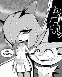 Rule 34 | 2girls, akatosh el shota furro, animal ears, arm at side, bdsm, bondage, bound, braixen, breasts, captain hydra (meme), child, collarbone, constricted pupils, creatures (company), dress, english text, expressionless, eyebrows, eyelashes, feet out of frame, female focus, fox ears, fox girl, furry, furry female, gag, gagged, game freak, gen 3 pokemon, gen 6 pokemon, hair over breasts, hair over one breast, hand up, highres, indoors, kirlia, long hair, looking at another, looking to the side, meme, monochrome, multiple girls, nervous, nervous sweating, nintendo, pokemon, pokemon (creature), scared, small breasts, standing, sweat, upper body