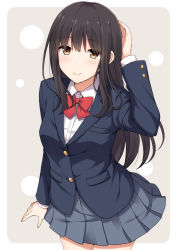 Rule 34 | 1girl, black hair, black jacket, blue skirt, blush, bow, bowtie, brown eyes, closed mouth, collared shirt, commentary request, fingernails, hair between eyes, jacket, long hair, long sleeves, nakamura sumikage, original, pleated skirt, red bow, red bowtie, school uniform, shirt, skirt, smile, solo, very long hair, white shirt