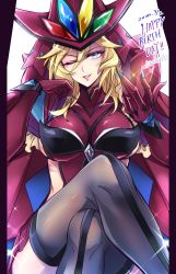 Rule 34 | 1girl, absurdres, aged up, blonde hair, blue eyes, breasts, carol malus dienheim, crossed legs, elbow gloves, gloves, happy birthday, hat, highres, kiraki, large breasts, lips, looking at viewer, mole, mole under eye, parted lips, senki zesshou symphogear, shiny skin, short hair, sideless outfit, sitting, skirt, smile, solo