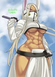 Rule 34 | 1girl, abs, animal ear fluff, animal ears, bleach, boku no hero academia, breasts, commentary request, cosplay, covered mouth, cropped jacket, dark-skinned female, dark skin, female focus, gloves, highres, hip vent, holding, holding sword, holding weapon, long eyelashes, long hair, looking at viewer, midriff, mirko, muscular, muscular female, navel, rabbit ears, rabbit girl, shosho oekaki, solo, sword, thick thighs, thighs, tier harribel, tier harribel (cosplay), trait connection, twitter username, underboob, weapon, white hair