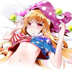 Rule 34 | 1girl, american flag dress, american flag shirt, arms up, blonde hair, blush, bottomless, closed mouth, clothes lift, clownpiece, collar, dress, dress lift, eyebrows, flat chest, frilled collar, frilled shirt collar, frills, hat, jester cap, long hair, looking at viewer, lying, navel, on back, pink eyes, polka dot, shirt, shirt lift, short sleeves, solo, star (symbol), striped, tears, touhou, very long hair, yamaguchi shinnosuke
