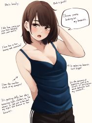 Rule 34 | 1girl, absurdres, arrow (symbol), bare arms, bare shoulders, black pants, blue camisole, blush, bob cut, breasts, brown background, brown eyes, brown hair, camisole, cleavage, english text, hand up, highres, kapatarou, looking at viewer, medium breasts, open mouth, original, pants, simple background, solo, thick eyebrows