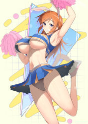 Rule 34 | 1girl, animal ears, arm up, armpits, black panties, blue eyes, blush, breasts, charlotte e. yeager, cheerleader, grin, highres, large breasts, long hair, looking at viewer, midriff, miniskirt, navel, orange hair, panties, parted lips, pom pom (cheerleading), rabbit ears, rabbit girl, shiny skin, skirt, smile, solo, strike witches, underboob, underwear, varie7k, world witches series