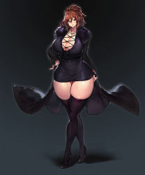 Rule 34 | 1girl, absurdres, black footwear, black thighhighs, blush, breasts, brown hair, cleavage, coat, collarbone, commission, crossed legs, curvy, fingerless gloves, full body, fur trim, gloves, gurimjang, hand on own hip, high heels, highres, huge breasts, jewelry, long hair, miniskirt, necklace, original, pixiv commission, ponytail, purple eyes, revealing clothes, simple background, skirt, smile, solo, standing, thick thighs, thighhighs, thighs, watson cross, wide hips