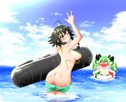 Rule 34 | 10s, 2girls, anchovy (girls und panzer), ass, bikini, black hair, blush, breasts, butt crack, day, drill hair, girls und panzer, green hair, hair ornament, hair ribbon, large breasts, looking at viewer, looking back, multiple girls, ocean, open mouth, pepperoni (girls und panzer), red eyes, ribbon, sideboob, sky, smile, swimsuit, v, wardrobe malfunction, yellow eyes