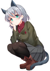 Rule 34 | 1girl, absurdres, animal ears, bad id, bad pixiv id, black pantyhose, boots, cat ears, cat tail, green eyes, hand on own cheek, hand on own face, highres, lucha tongxie, military, military uniform, pantyhose, plaid, plaid skirt, red shirt, sanya v. litvyak, shirt, short hair, silver hair, skirt, smile, solo, squatting, strike witches, tail, uniform, world witches series