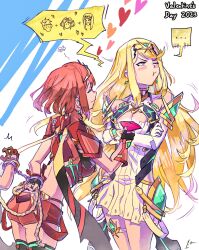 Rule 34 | 2girls, artist request, blonde hair, highres, letter, multiple girls, mythra (xenoblade), out of frame, pyra (xenoblade), red eyes, red hair, rex (xenoblade), valentine, xenoblade chronicles (series), xenoblade chronicles 2, yellow eyes