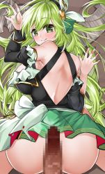 Rule 34 | 1boy, 1girl, ass, back cutout, black hairband, black sleeves, bow, breasts, censored, closed mouth, clothing cutout, detached sleeves, elsword, frills, green eyes, green hair, green skirt, hair ornament, hairband, hetero, imminent penetration, juliet sleeves, large breasts, long hair, long sleeves, looking at viewer, looking back, mosaic censoring, no panties, penis, puffy sleeves, rena erindel, skirt, smile, sula (s ra760), tale spinner (elsword), white bow