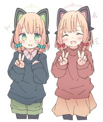 Rule 34 | 2girls, animal ear headphones, animal ears, black leggings, blonde hair, blue archive, blue sweater, blush, bow, cat ear headphones, closed eyes, collared shirt, contemporary, cropped legs, double v, fake animal ears, green bow, green eyes, green halo, green shorts, hair bow, halo, hands up, headphones, kamotsu yasai, leggings, long sleeves, looking at viewer, low-tied sidelocks, midori (blue archive), momoi (blue archive), multiple girls, notice lines, open mouth, orange skirt, pink halo, red bow, red sweater, shirt, short hair, shorts, siblings, sisters, skirt, smile, sweater, twins, v, white shirt