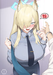 Rule 34 | 1girl, animal ear fluff, animal ears, black skirt, blonde hair, blue archive, blue eyes, blush, breasts, collared shirt, cuffs, grey shirt, hair over one eye, halo, handcuffs, highres, kanna (blue archive), large breasts, long hair, long sleeves, looking at viewer, necktie, open mouth, sharp teeth, shirt, skirt, solo focus, teeth, yaman