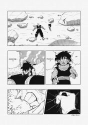 Rule 34 | 2boys, absurdres, antennae, bruise, bruise on face, building, clenched teeth, comic, commentary, corpse, crater, crying, death, dragon ball, dragonball z, drum (container), eegiiartto, english commentary, english text, frown, highres, injury, male focus, monochrome, multiple boys, muscular, muscular male, open mouth, piccolo, pointy ears, right-to-left comic, ruins, signature, smoke, son gohan, son gohan (future), streaming tears, tears, teeth, trembling, wristband