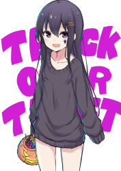 Rule 34 | 1girl, :d, absurdres, text background, bad id, bad pixiv id, black hair, black sweater, blush, candy wrapper, commentary request, coraman, facial mark, hair between eyes, hair ornament, hairclip, halloween, halloween bucket, highres, holding, long hair, long sleeves, looking at viewer, open mouth, original, purple eyes, sleeves past fingers, sleeves past wrists, smile, solo, sweater, trick or treat, very long hair, white background