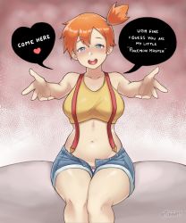 Rule 34 | 1girl, aqua eyes, artist name, artsheops, bare arms, bare shoulders, beckoning, belly, blush, breasts, creatures (company), crop top, english text, game freak, gym leader, hands up, head tilt, highres, looking at viewer, medium breasts, meme, midriff, misty (pokemon), my little pogchamp (meme), navel, nintendo, nose blush, open clothes, open fly, open mouth, open shorts, orange hair, outstretched arms, panties, panty peek, pokemon, pokemon (anime), pokemon (classic anime), seductive smile, short hair, shorts, side ponytail, sitting, sleeveless, smile, solo, stomach, suspenders, tank top, unbuttoned, underwear, watermark