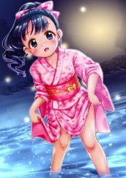 Rule 34 | 1girl, :d, black eyes, black hair, blush, bow, commentary request, floral print, fukuyama mai, hair bow, high ponytail, highres, idolmaster, idolmaster cinderella girls, japanese clothes, kimono, long hair, long sleeves, looking at viewer, night, obi, open mouth, outdoors, pink bow, pink kimono, ponytail, print bow, print kimono, regular mow, revision, sash, smile, solo, standing, wading, water, wide sleeves