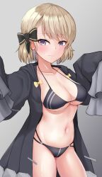 Rule 34 | azur lane, bikini, black bikini, black bow, black coat, blonde hair, blush, bow, breasts, brown hair, coat, commentary request, cosplay, embarrassed, explorer (azur lane), explorer (azur lane) (cosplay), hair bow, hands up, highres, looking at viewer, medium breasts, medium hair, navel, nervous, purple eyes, sigeranai, stomach, swimsuit, thighs, very long sleeves, wavy mouth, wide sleeves, z23 (azur lane)