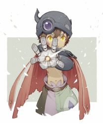 Rule 34 | 1boy, belt, brown hair, cape, fake horns, frown, hair between eyes, helmet, horned helmet, incoming attack, looking at viewer, made in abyss, male focus, mechanical arms, navel, pants, red cape, regu (made in abyss), short eyebrows, slit pupils, solo, standing, yellow eyes, yue (kingdom1259)