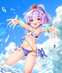 Rule 34 | 1girl, :d, azur lane, bare shoulders, bikini, blue bikini, blue flower, blue sky, blurry, blurry background, blush, bouncing breasts, bracelet, breasts, cloud, cloudy sky, commentary request, cross hair ornament, day, depth of field, dutch angle, flower, gluteal fold, green eyes, groin, hair between eyes, hair flower, hair ornament, highres, horizon, javelin (azur lane), javelin (beach picnic!) (azur lane), jewelry, looking at viewer, medium breasts, navel, nyahu (nyahu 77), ocean, open mouth, outdoors, outstretched arms, purple hair, red flower, sky, smile, solo, splashing, standing, swimsuit, wading, water, yellow flower